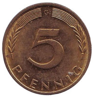 Монета 5 пфеннигов. 1973 год (G), ФРГ. Дубовые листья. Монета 5 пфеннигов. 1973 год (G), ФРГ. Дубовые листья.