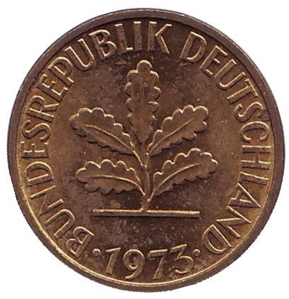 Монета 5 пфеннигов. 1973 год (G), ФРГ. Дубовые листья. Монета 5 пфеннигов. 1973 год (G), ФРГ. Дубовые листья.