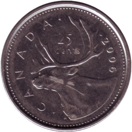 Монета 25 центов. 2006 год, Канада. (Кленовый лист). Канадский олень (Карибу).