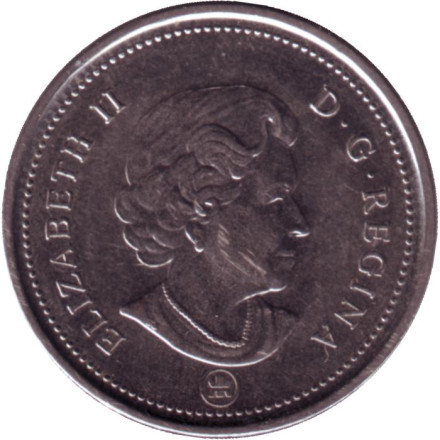 Монета 25 центов. 2006 год, Канада. (Кленовый лист). Канадский олень (Карибу).