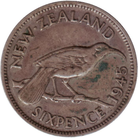 Монета 6 пенсов 1945 год, Новая Зеландия. Гуйя.