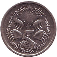 Монета 5 центов. 1987 год, Австралия. Ехидна. Монета 5 центов. 1987 год, Австралия. Ехидна.