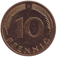Монета 10 пфеннигов. 1991 год (D), ФРГ. Дубовые листья. Монета 10 пфеннигов. 1991 год (D), ФРГ. Дубовые листья.