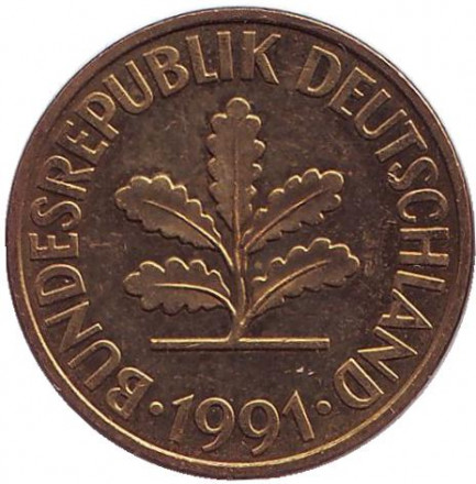 Монета 10 пфеннигов. 1991 год (D), ФРГ. Дубовые листья. Монета 10 пфеннигов. 1991 год (D), ФРГ. Дубовые листья.