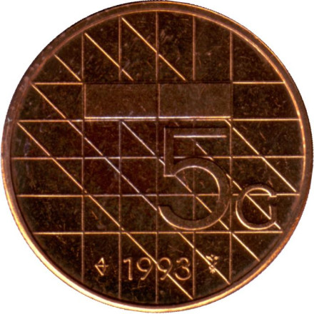 Монета 5 гульденов. 1993 год, Нидерланды. BU.