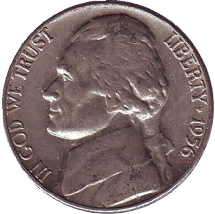 Монета 5 центов. 1956 год, США. Джефферсон. Монтичелло.