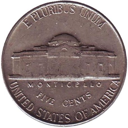 Монета 5 центов. 1956 год, США. Джефферсон. Монтичелло. Монета 5 центов. 1956 год, США. Джефферсон. Монтичелло.