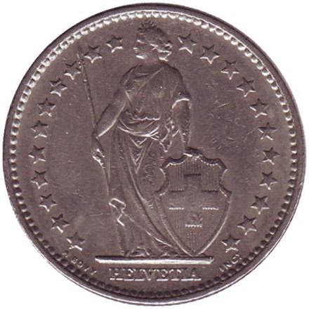 Монета 2 франка. 1968 (В) год, Швейцария. Гельвеция.