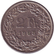 Монета 2 франка. 1968 (В) год, Швейцария. Гельвеция. Монета 2 франка. 1968 (В) год, Швейцария. Гельвеция.