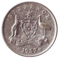 Монета 6 пенсов. 1957 год, Австралия. Монета 6 пенсов. 1957 год, Австралия.