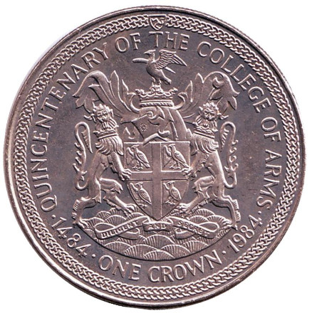 Монета 1 крона. 1984 год, Остров Мэн. 500 лет Геральдической палате. Герб с двумя львами.