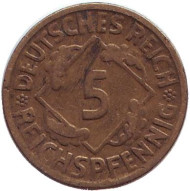 Монета 5 рейхспфеннигов. 1925 год (D), Веймарская республика. Монета 5 рейхспфеннигов. 1925 год (D), Веймарская республика.