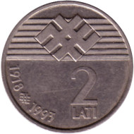 Монета 2 лата, 1993 год, Латвия. 75 лет провозглашения независимости Латвии. Монета 2 лата, 1993 год, Латвия. 75 лет провозглашения независимости Латвии.