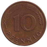 Дубовые листья. Монета 10 пфеннигов. 1982 год (D), ФРГ. Из обращения.