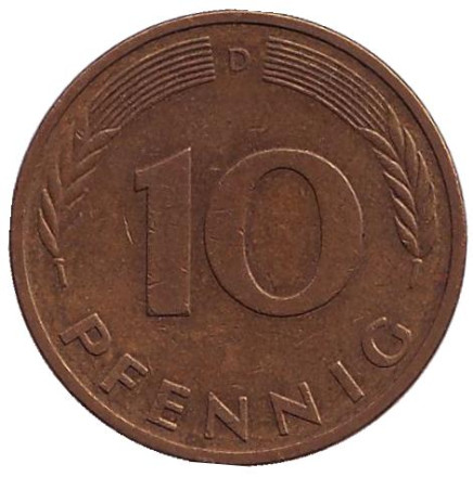 Монета 10 пфеннигов. 1982 год (D), ФРГ. Из обращения. Дубовые листья.