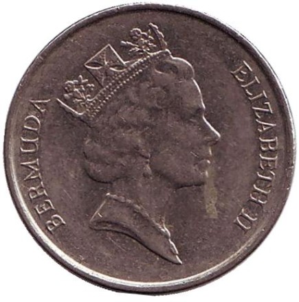 Монета 5 центов. 1995 год, Бермудские острова. Тропическая рыба (Ангел-королева).