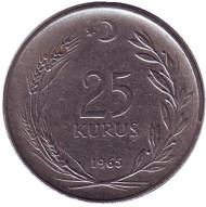Монета 25 курушей. 1965 год, Турция. Монета 25 курушей. 1965 год, Турция.