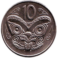 Монета 10 центов. 1996 год, Новая Зеландия. Маска маори. Монета 10 центов. 1996 год, Новая Зеландия. Маска маори.