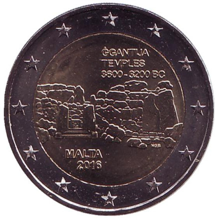 Монета 2 евро. 2016 год, Мальта. (Без отметки монетного двора на аверсе) Джгантия. Доисторические города Мальты.
