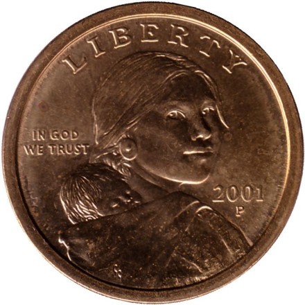 Сакагавея (Парящий орел), серия "Коренные американцы". 1 доллар, 2001 год (P), США. Сакагавея (Парящий орел), серия "Коренные американцы". 1 доллар, 2001 год (P), США.