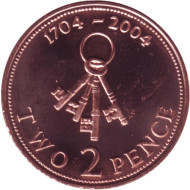 Монета 2 пенса. 2004 год, Гибралтар. Захват Гибралтара в 1704 году. 4 ключа. UNC. Монета 2 пенса. 2004 год, Гибралтар. Захват Гибралтара в 1704 году. 4 ключа. UNC.