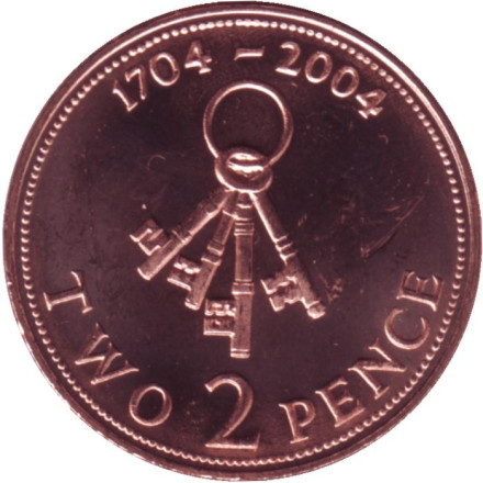 Монета 2 пенса. 2004 год, Гибралтар. aUNC. Захват Гибралтара в 1704 году. 4 ключа.
