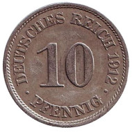 Монета 10 пфеннигов. 1912 год (J), Германская империя. Монета 10 пфеннигов. 1912 год (J), Германская империя.