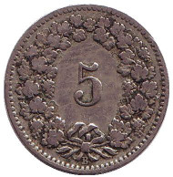 Монета 5 раппенов. 1903 год, Швейцария. Монета 5 раппенов. 1903 год, Швейцария.