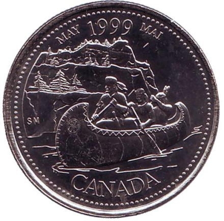 Монета 25 центов. 1999 год, Канада. Миллениум. Май 1999. Путешественники.