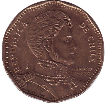 Монета 50 песо. 2013 год, Чили. Бернардо О’Хиггинс.