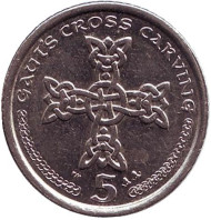 Монета 5 пенсов. 2001 год, Остров Мэн. Кельтский крест.