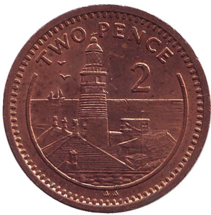 Монета 2 пенса. 1992 год, Гибралтар. (Отметка "AA") Маяк.