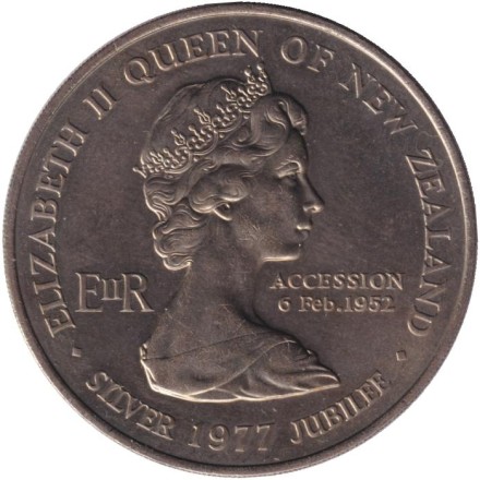 Монета 1 доллар. 1977 год, Новая Зеландия. 25 лет правления Королевы Елизаветы II и День Вайтанги. Монета 1 доллар. 1977 год, Новая Зеландия. 25 лет правления Королевы Елизаветы II и День Вайтанги.