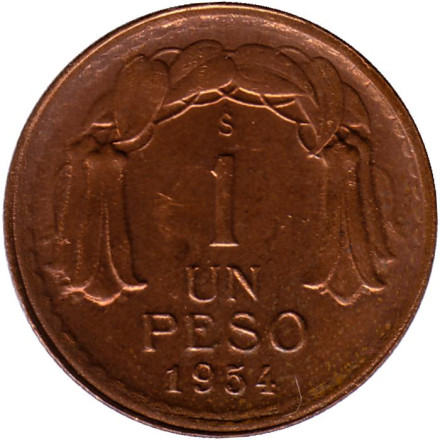 Монета 1 песо. 1954 год, Чили. (Медь).