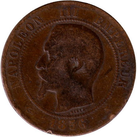 Монета 10 сантимов. 1856 год (BB), Франция. Наполеон III.