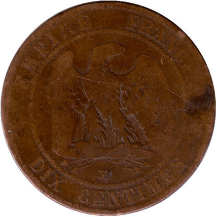 Монета 10 сантимов. 1856 год (BB), Франция. Наполеон III.