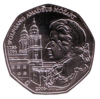250-летие со дня рождения В.А. Моцарта. Монета 5 евро. 2006 год, Австрия.