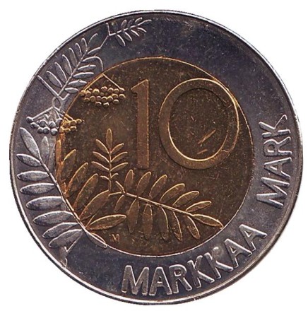 Монета 10 марок. 1994 год, Финляндия. UNC. Глухарь.