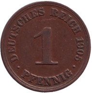 Монета 1 пфенниг. 1905 год (A), Германская империя. Монета 1 пфенниг. 1905 год (A), Германская империя.