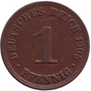 Монета 1 пфенниг. 1905 год (A), Германская империя.