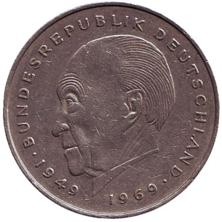 Монета 2 марки. 1977 год (D), ФРГ. Из обращения. Конрад Аденауэр.