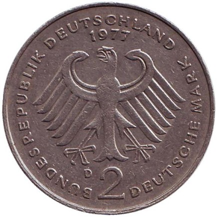 Монета 2 марки. 1977 год (D), ФРГ. Конрад Аденауэр.