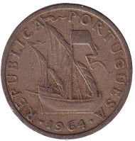 Монета 5 эскудо. 1964 год, Португалия. Парусный корабль. Монета 5 эскудо. 1964 год, Португалия. Парусный корабль.