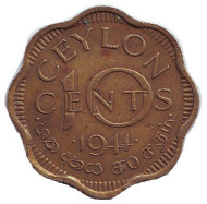 Монета 10 центов. 1944 год, Цейлон. Монета 10 центов. 1944 год, Цейлон.