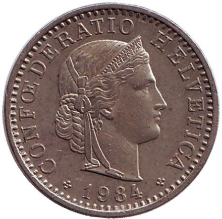 Монета 20 раппенов. 1984 год, Швейцария.