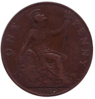 Монета 1 пенни. 1915 год, Великобритания. Монета 1 пенни. 1915 год, Великобритания.