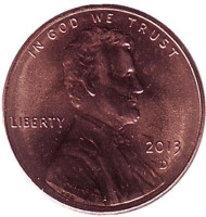 Монета 1 цент. 2013 год (D), США. UNC. Линкольн. Монета 1 цент. 2013 год (D), США. UNC. Линкольн.