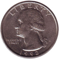 Вашингтон. Монета 25 центов. 1992 (D) год, США.