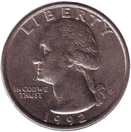 Монета 25 центов. 1992 (D) год, США. Вашингтон.