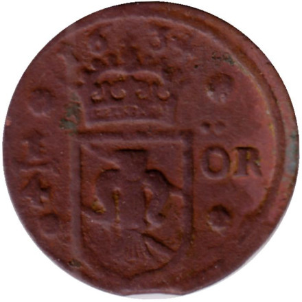 Монета 1/4 эре. 1634 год, Швеция. Дата над гербом.